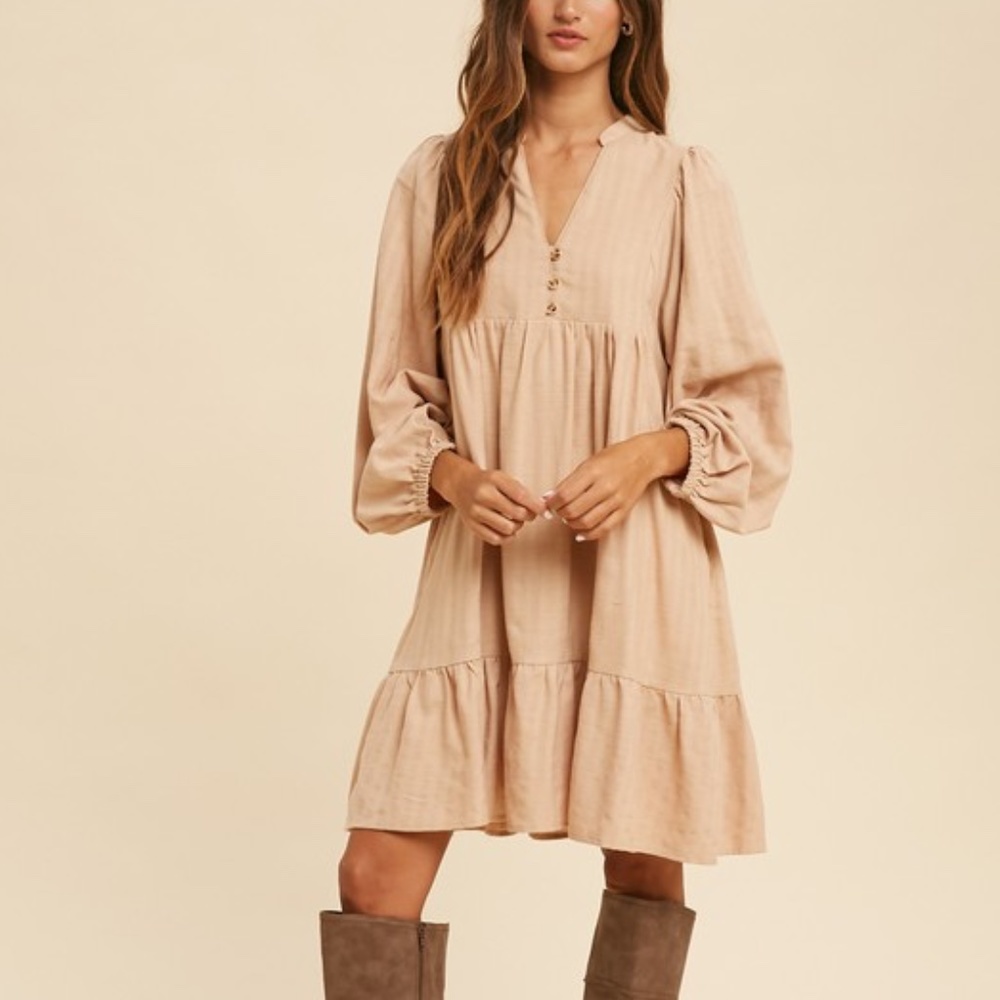 Brown Balloon Sleeve Dress Flowy Silhouette 100% Cotton Sizes S - L